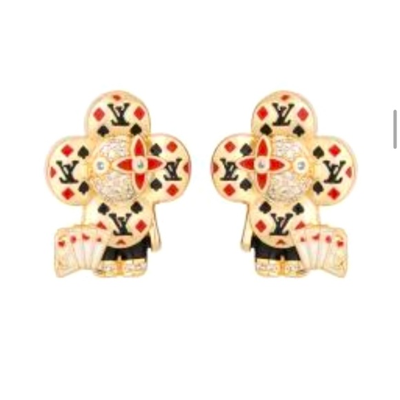 Moon Goddess Emporium Jewelry - 14K Gold Poker Player Cards Flower Doll Clover Pavé Iced Out Bling Stud Earring
